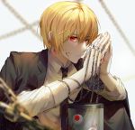  1boy bangs black_coat black_neckwear blonde_hair blood blood_on_face blood_on_fingers blurry chain coat depth_of_field earrings expressionless eyeball eyebrows_visible_through_hair hair_between_eyes hands_together hunter_x_hunter jewelry kurapika looking_at_viewer mmo_(mmo_omm938) necktie red_eyes ring rust solo sparkle thumb_ring 