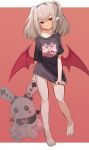  1girl bare_legs barefoot black_shirt commentary_request demon_wings full_body grey_hair head_tilt highres long_hair looking_at_viewer makaino_ririmu mubiuina nijisanji no_pants pointy_ears red_background red_eyes red_wings shirt shirt_tug short_sleeves simple_background solo stuffed_animal stuffed_bunny stuffed_toy twintails virtual_youtuber wings 