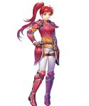  1girl armor armored_boots asatani_tomoyo bangs belt boots breastplate elbow_pads fire_emblem fire_emblem:_path_of_radiance fire_emblem_heroes gauntlets hand_on_hip hand_up high_ponytail highres jill_(fire_emblem) long_hair long_sleeves looking_at_viewer official_art open_mouth pants ponytail red_armor red_eyes redhead shiny shiny_hair shoulder_armor smile solo standing tied_hair transparent_background turtleneck white_pants 