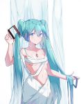  1girl absurdres alternate_costume blue_eyes blue_hair breasts eyebrows_visible_through_hair hatsune_miku highres looking_at_viewer midriff navel rzx0 small_breasts smile solo twintails vocaloid 
