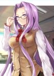  1girl absurdres bangs blurry blurry_background blush breasts brown_vest classroom collared_shirt fate/stay_night fate_(series) forehead glasses hane_yuki highres homurahara_academy_uniform large_breasts long_hair long_sleeves looking_at_viewer neck_ribbon parted_bangs parted_lips purple_hair red_ribbon ribbon rider shirt sidelocks very_long_hair vest violet_eyes white_shirt 