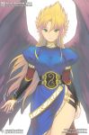  1girl blonde_hair breasts breath_of_fire breath_of_fire_ii bridal_gauntlets closed_mouth commentary dress gloves gofelem green_eyes long_hair looking_at_viewer nina_(breath_of_fire_ii) purple_wings side_slit simple_background smile solo white_background wings 