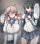  2girls akashi_(kantai_collection) black_hair blue_skirt blush glasses green_eyes hair_ribbon hairband highres hip_vent kanikama25 kantai_collection long_hair long_sleeves multiple_girls ooyodo_(kantai_collection) open_mouth pink_hair pleated_skirt ribbon school_uniform semi-rimless_eyewear serafuku skirt translation_request tress_ribbon under-rim_eyewear 