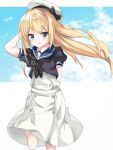  1girl arm_behind_back blonde_hair blue_eyes blue_sailor_collar blue_sky clouds dress fathom hat highres holding holding_clothes holding_hat jervis_(kantai_collection) kantai_collection long_hair looking_at_viewer sailor_collar sailor_dress sailor_hat short_sleeves sky solo white_dress white_headwear 
