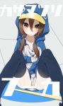  1girl black_legwear blush brown_eyes brown_hair character_name closed_mouth collarbone disgaea feet_out_of_frame flat_chest grey_background hood hood_up kazamatsuri_fuuka long_hair looking_at_viewer low_twintails makai_senki_disgaea_4 ratsuku_kinoko simple_background sitting solo thigh-highs thighs twintails very_long_hair zettai_ryouiki 