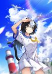  1girl anchor_symbol animal_ears bird black_hair blue_ribbon blue_sailor_collar blue_sky breasts cat_ears cat_girl cat_tail closed_mouth clouds cowboy_shot day dress dutch_angle green_eyes hand_on_hip highres lens_flare lighthouse long_hair looking_at_viewer medium_breasts multicolored_hair neckerchief oguri_(pixiv25574366) original outdoors ribbon sailor_collar sailor_dress salute short_sleeves sky smile solo tail tail_ribbon two-tone_hair white_dress white_hair yellow_neckwear 