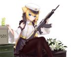  1girl anchor_symbol animal_ears assault_rifle bangs black_legwear blonde_hair blue_eyes box cup detached_sleeves eyebrows_visible_through_hair fish_hair_ornament flower food fruit gun guo582 hair_between_eyes hair_ornament hanazono_serena hanazono_serena_(channel) hat highres ice ice_cube lily_(flower) lime_(fruit) lime_slice long_hair looking_at_viewer pantyhose parted_lips rifle sitting solo virtual_youtuber weapon 