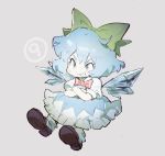  (9) 1girl akiyoku black_footwear blue_dress blue_eyes blue_hair bow bowtie cirno dress fairy_wings frilled_dress frills full_body green_bow grey_background hair_bow highres ice ice_wings parted_lips puffy_short_sleeves puffy_sleeves red_bow red_neckwear short_sleeves simple_background smile solo touhou wings 