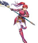  1girl armor armored_boots asatani_tomoyo axe bangs battle_axe belt boots breastplate elbow_pads fire_emblem fire_emblem:_path_of_radiance fire_emblem_heroes gauntlets hand_up high_ponytail highres holding holding_weapon jill_(fire_emblem) leg_up long_hair long_sleeves looking_away official_art pants parted_lips polearm ponytail red_armor red_eyes redhead shiny shiny_hair shoulder_armor solo tied_hair transparent_background weapon white_pants 