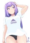  1girl asano_ruri asano_sisters_project black_panties breasts eyebrows_visible_through_hair highres hori_shin long_hair panties purple_hair shirt solo t-shirt thighs underwear violet_eyes virtual_youtuber white_background 