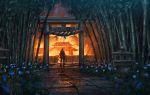  architecture artist_name bamboo bamboo_forest blue_flower burning castle commentary east_asian_architecture facing_away fire flower forest from_behind highres holding holding_sword holding_weapon katana long_sleeves nature night outdoors plant rain rajawat scenery sekiro sekiro:_shadows_die_twice short_hair solo standing sword topknot torii weapon wide_shot 