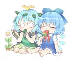  2girls antennae arm_support barefoot blue_bow blue_dress blue_hair blue_wings bow butterfly_wings caramell0501 chibi cirno detached_wings dress eating eternity_larva flower food green_dress hair_bow hair_ornament highres holding holding_food ice ice_wings leaf leaf_hair_ornament multiple_girls pink_flower popsicle red_bow shirt short_sleeves sitting sleeveless sleeveless_dress soles touhou watermelon_bar white_background white_shirt wings 