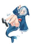 1girl :d arm_up ass blue_eyes blue_hair blue_hoodie blue_legwear commentary_request daima_hmw dated full_body gawr_gura highres hololive hololive_english hood hood_up hoodie long_sleeves looking_at_viewer multicolored_hair open_mouth panties shark_hood shark_tail sharp_teeth shoe_soles shoes signature silver_hair simple_background smile socks solo streaked_hair tail teeth underwear virtual_youtuber water_drop white_background white_footwear white_panties wide_sleeves