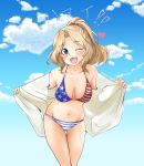  1girl ;d abimaru_gup actas_(studio) alternate_hairstyle american_flag_bikini bikini blonde_hair blue_bikini blue_eyes blue_sky breasts clouds cloudy_sky commentary_request cowboy_shot cute eyebrows_visible_through_hair flag_print girls_und_panzer groin hair_intakes hair_tie hair_up heart highres kay_(girls_und_panzer) leaning_forward looking_at_viewer media_factory medium_breasts medium_hair mismatched_bikini moe navel one_eye_closed open_clothes open_mouth open_shirt opened_by_self outdoors ponytail shirt sky smile solo standing striped striped_bikini swimsuit thigh_gap translated twitter_username white_shirt 