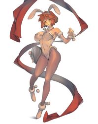  1girl animal_ears breasts bunny_girl bunny_tail bunnysuit cloth detached_collar emiya_shirou fake_animal_ears fate/stay_night fate_(series) genderswap genderswap_(mtf) hanahiyo_(hoimin) highres leotard looking_at_viewer open_mouth orange_hair pantyhose rabbit_ears short_hair shroud_of_magdalene solo strapless strapless_leotard tail wrist_cuffs yellow_eyes 