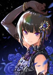  1girl aisu_reizou arm_over_head arm_up armpits bangs black_gloves black_hair blue_flower blue_rose blunt_bangs blush bob_cut bracelet closed_mouth commentary_request elbow_gloves flower gem gloves hair_ornament hair_ribbon idolmaster idolmaster_cinderella_girls jewelry looking_at_viewer looking_to_the_side petals ribbon rose rose_petals shirayuki_chiyo short_hair solo sparkle violet_eyes 