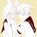  1boy 1girl aihara-rina bangs bare_shoulders blush bow forehead-to-forehead hair_bow hair_ornament hairclip hands_on_another&#039;s_face hands_together hands_up kagamine_len kagamine_rin monochrome open_mouth sailor_collar short_hair short_ponytail short_sleeves sketch spiky_hair swept_bangs upper_body vocaloid yellow_background 