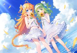  2girls ahoge bangs bare_arms bare_shoulders blue_eyes blue_sky blush bow braid camisole closed_mouth clouds cloudy_sky day dress eyebrows_visible_through_hair flower frilled_dress frilled_skirt frills green_eyes green_hair hair_between_eyes hair_bow hairband holding holding_flower holding_hands horizon long_hair meito_(maze) midriff_peek morinaka_kazaki multiple_girls navel nijisanji ocean one_side_up orange_hair otogibara_era outdoors petals skirt sky sleeveless sleeveless_dress smile standing sunflower very_long_hair virtual_youtuber wading water white_bow white_camisole white_dress white_hairband white_skirt yellow_flower 