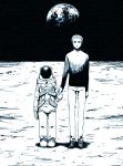  2boys astronaut earth holding_hands kurosuke_(nora) monochrome moon multiple_boys r_daneel_olivaw space the_caves_of_steel 
