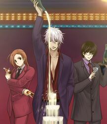  androgynous champagne crossdressing decantering formal gintama kagura_(gintama) lowres necktie pouring reverse_trap sakata_gintoki shimura_shinpachi suit trap 