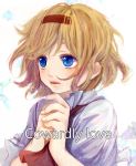  1girl alice_margatroid blonde_hair blue_eyes cover cover_page english hairband hands_together meiji_(charisma_serve) parted_lips solo touhou wind 