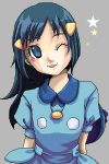  blue_eyes blue_hair grey_background hikari_(pokemon) lowres pokemon simple_background smile solo star wink 