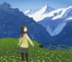 black_hair flower inase landscape mountain mountains pantyhose petals scenery school_uniform 