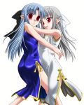  bare_shoulders blue_hair china_dress chinadress chinese_clothes hug len melty_blood pointy_ears red_eyes ren ribbon ribbons tsukihime type-moon white_hair white_len white_ren 