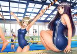  armpits black_hair competition_swimsuit double_vertical_stripe garex long_hair multiple_girls one-piece_swimsuit pool school_swimsuit sitting sleepy stretch swimsuit wet wink 