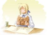  blonde_hair blouse closed_eyes eating fate/stay_night fate_(series) food ribbon saber 