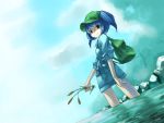  1girl bag blue_hair dutch_angle hat kawashiro_nitori kitsune_(kazenouta) looking_back smile solo touhou wading water 