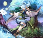  blue_hair fantasy flying long_hair moon nail_polish shukei tree trees wink 