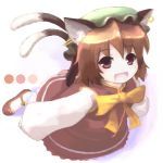  brown_hair cat_ears cat_tail cat_tails chen china_dress chinadress chinese_clothes chipika earrings fang fangs hat jewelry lowres multiple_tails red_eyes short_hair solo tail touhou 