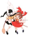  bad_id blonde_hair broom brown_hair chibi hakurei_reimu highres kirisame_marisa multiple_girls ricecandy touhou 