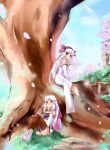  bad_id cherry_blossoms hair_ribbon hair_ribbons highres in_tree iris_(latale) kgr latale long_hair multiple_girls petals pink_eyes ribbon ribbons sitting sitting_in_tree smile thigh-highs thighhighs tree tree_sitting trees white_hair 