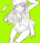  beanie green_background hat hikari_(pokemon) holding holding_poke_ball monochrome poke_ball pokemon scarf simple_background skirt solo 