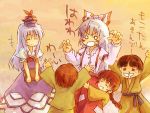  \o/ arms_up book bow child children closed_eyes dress fujiwara_no_mokou hair_bow happy hat holding kamishirasawa_keine long_hair nekokun o_o outstretched_arms ribbon ribbons silver_hair smile snot touhou translated translation_request 