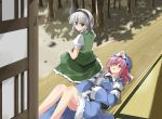  hairband japanese_clothes kimono konpaku_youmu lying nekomu_shi on_back petals pink_hair porch ribbon ribbons saigyouji_yuyuko short_hair silver_hair sitting sweatdrop touhou veranda 