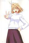  arcueid_brunestud blonde_hair closed_eyes hand_on_hip highres melty_blood purple_skirt scan skirt transparent_background tsukihime type-moon v vector_trace 