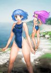  back beach blue_hair cliff garex goggles green_eyes legs long_hair looking_back multiple_girls ocean one-piece one-piece_swimsuit pink_hair sea short_hair swimsuit 