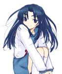  bad_id blue_eyes blue_hair leg_hug long_hair school_uniform shima_tokio smile suzumiya_haruhi_no_yuuutsu 