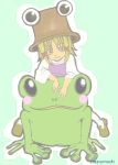  blonde_hair frog hat jpeg_artifacts kabuchi_(zappa05) moriya_suwako ribbon ribbons riding simple_background touhou 