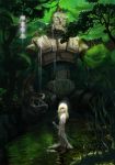  blonde_hair forest golem light mugon nature scenery statue sword tree trees water weapon wet 