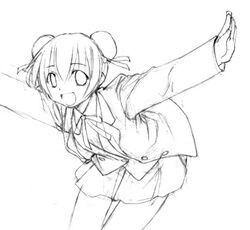  double_bun double_buns kasuga_yukihito lowres mahou_sensei_negima mahou_sensei_negima! monochrome narutaki_fumika outstretched_arms school_uniform sketch spread_arms 