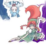  blue_eyes blue_hair cirno hong_meiling long_hair multiple_girls pose red_hair redhead short_hair touhou tugeneko upside-down 