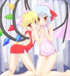  bat_wings blonde_hair blue_hair blush bun bun_cover china_dress chinadress chinese_clothes double_bun flandre_scarlet jpeg_artifacts niwata_senpei red_eyes remilia_scarlet ribbon ribbons siblings sisters tongue touhou wings 