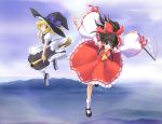  bad_id black_hair blonde_hair blue_eyes bow broom broom_riding eblmeka flying hakurei_reimu hat highres kirisame_marisa long_hair multiple_girls ribbon ribbons sky touhou witch_hat yellow_eyes 