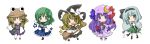  blonde_hair broom chibi futami_yayoi green_eyes green_hair hairband hat hitodama kirisame_marisa kochiya_sanae konpaku_youmu konpaku_youmu_(ghost) moriya_suwako myon patchouli_knowledge purple_eyes purple_hair silver_hair sword touhou violet_eyes weapon yellow_eyes 