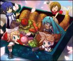  3girls bad_id chibi food hatsune_miku headphones kagamine_len kagamine_rin kaito meiko multiple_boys multiple_girls noraring obentou vocaloid 