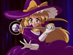  1990s_(style) 1girl bangs blonde_hair bow choroli_(chorolin) commentary dark_background eyebrows_visible_through_hair floating_hair frilled_hat frills gloves hair_bow hands_up hat hat_bow holding holding_wand juliet_sleeves kirisame_marisa kirisame_marisa_(pc-98) long_sleeves looking_at_viewer open_mouth outstretched_hand phantasmagoria_of_dim.dream puffy_sleeves purple_bow purple_headwear sash sidelocks solo tareme touhou touhou_(pc-98) turtleneck v-shaped_eyebrows wand white_gloves white_sash witch_hat yellow_bow yellow_eyes 